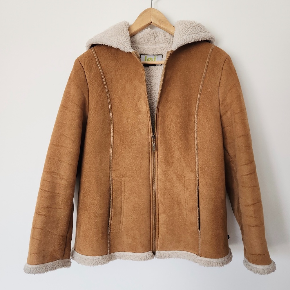 Vintage Lei Sherpa Lined Faux Suede Jacket Camel Brown Coat Hooded // Large